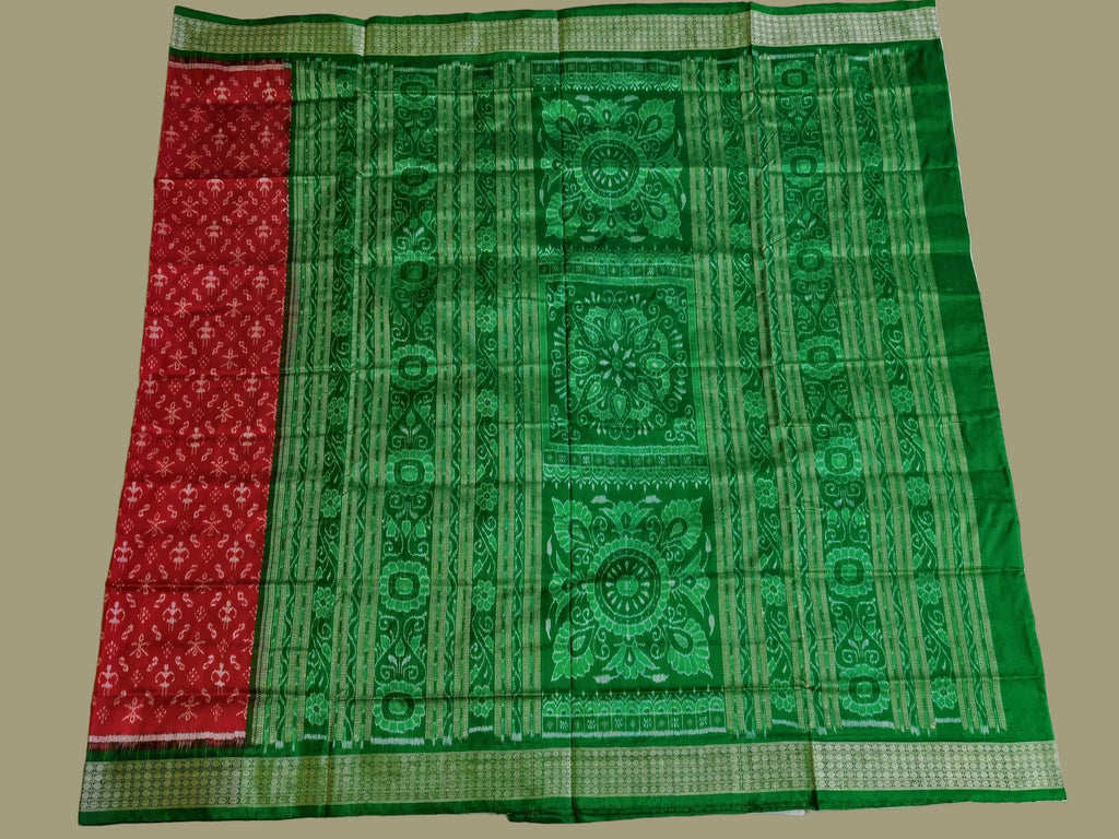 Authentic Red & Green Bandha Patta Silk Saree by Bandha Stories