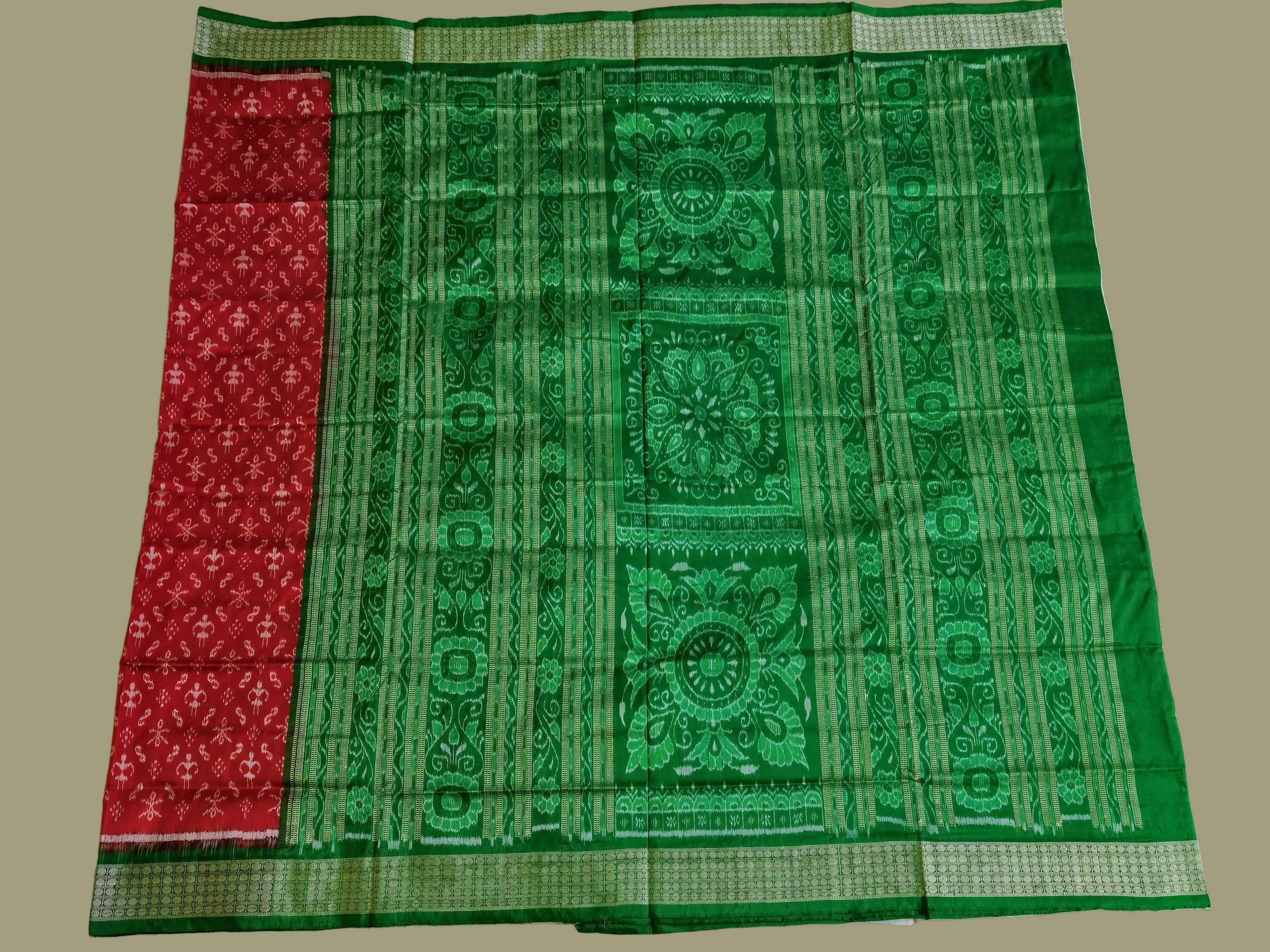 Authentic Red & Green Bandha Patta Silk Saree by Bandha Stories
