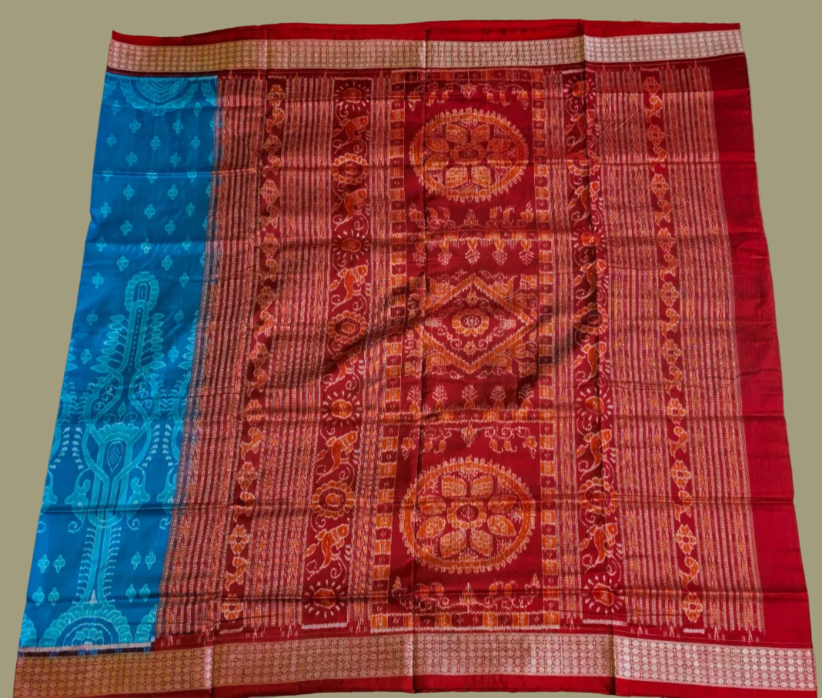 Authentic Blue & Red Sambalpuri Patta Silk Saree by Bandha Stories