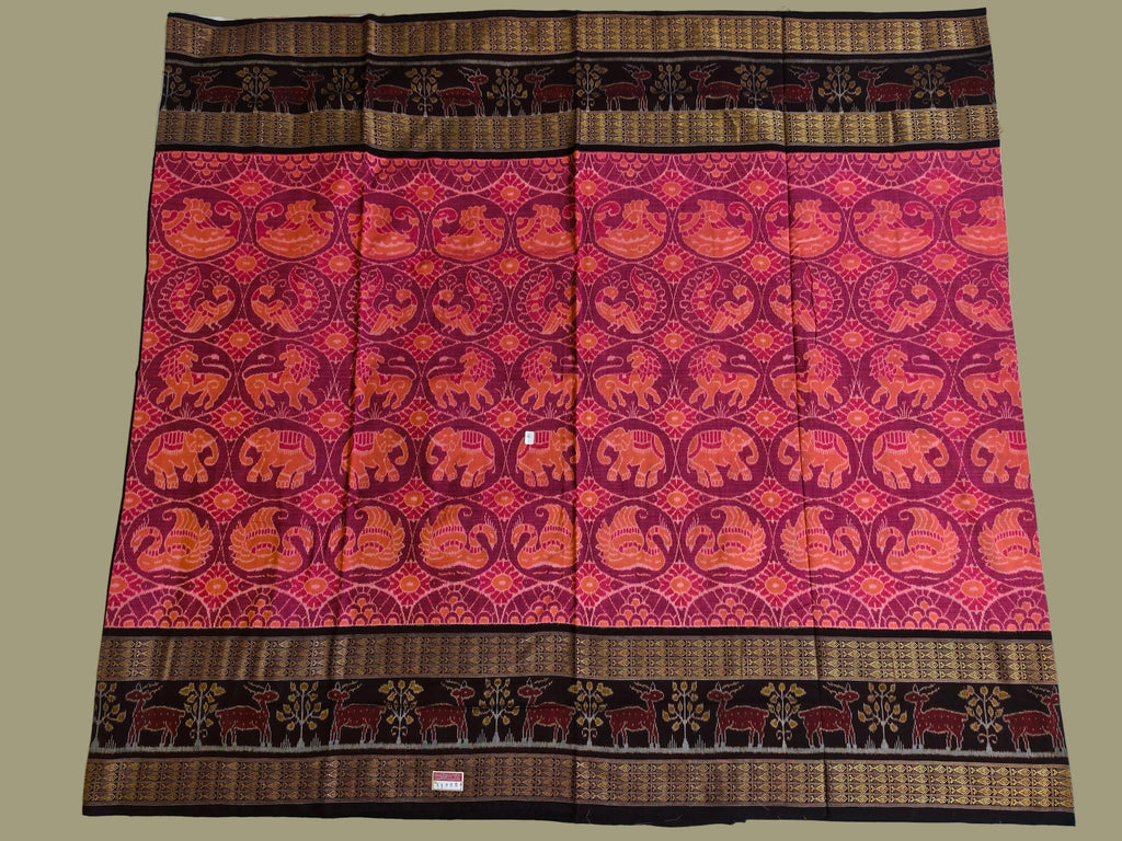 Traditional Sambalpuri Standard Double Border Saree with Animal & Chakra Motifs by Bandha Stories