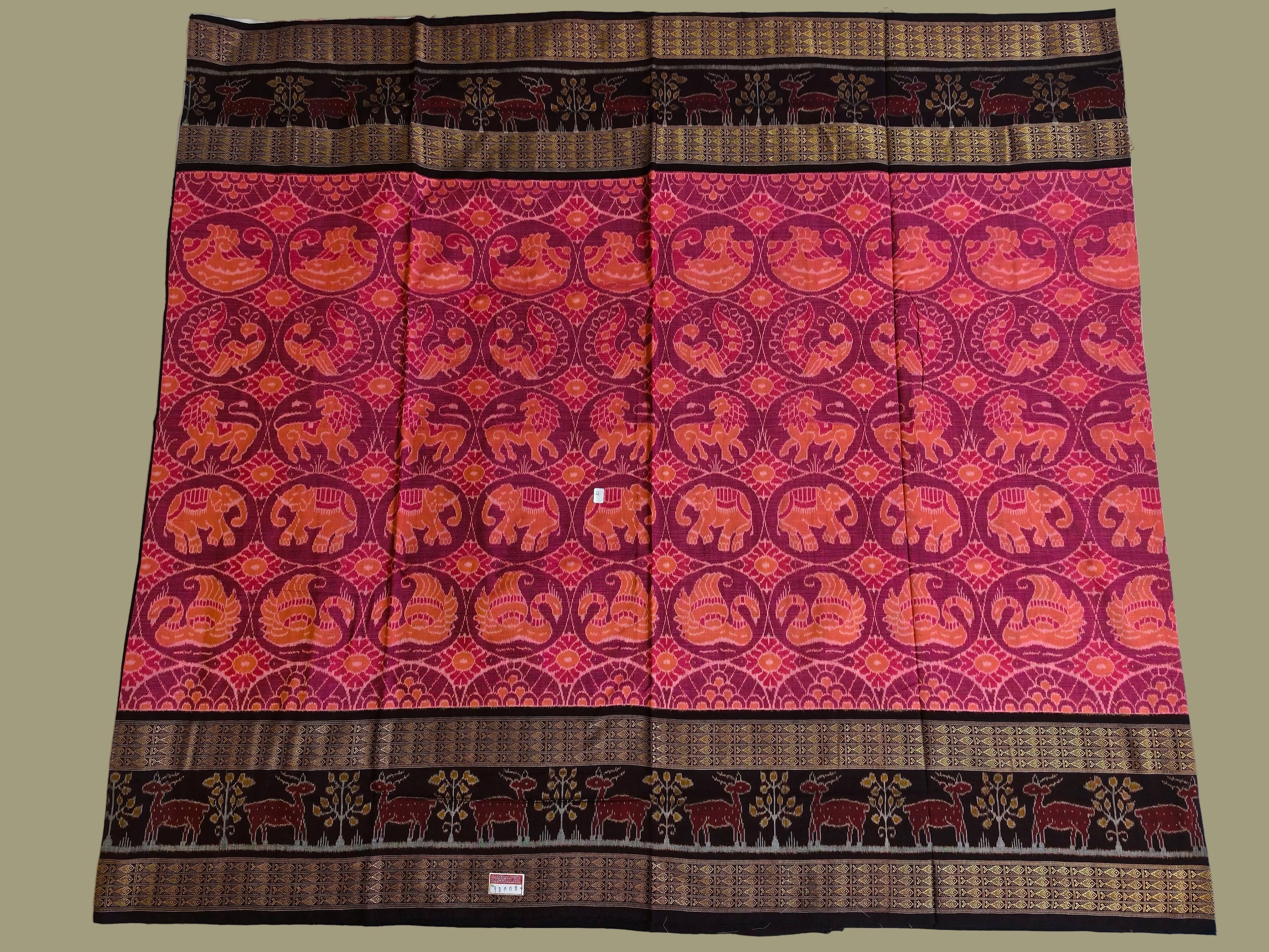 Traditional Sambalpuri Standard Double Border Saree with Animal & Chakra Motifs by Bandha Stories