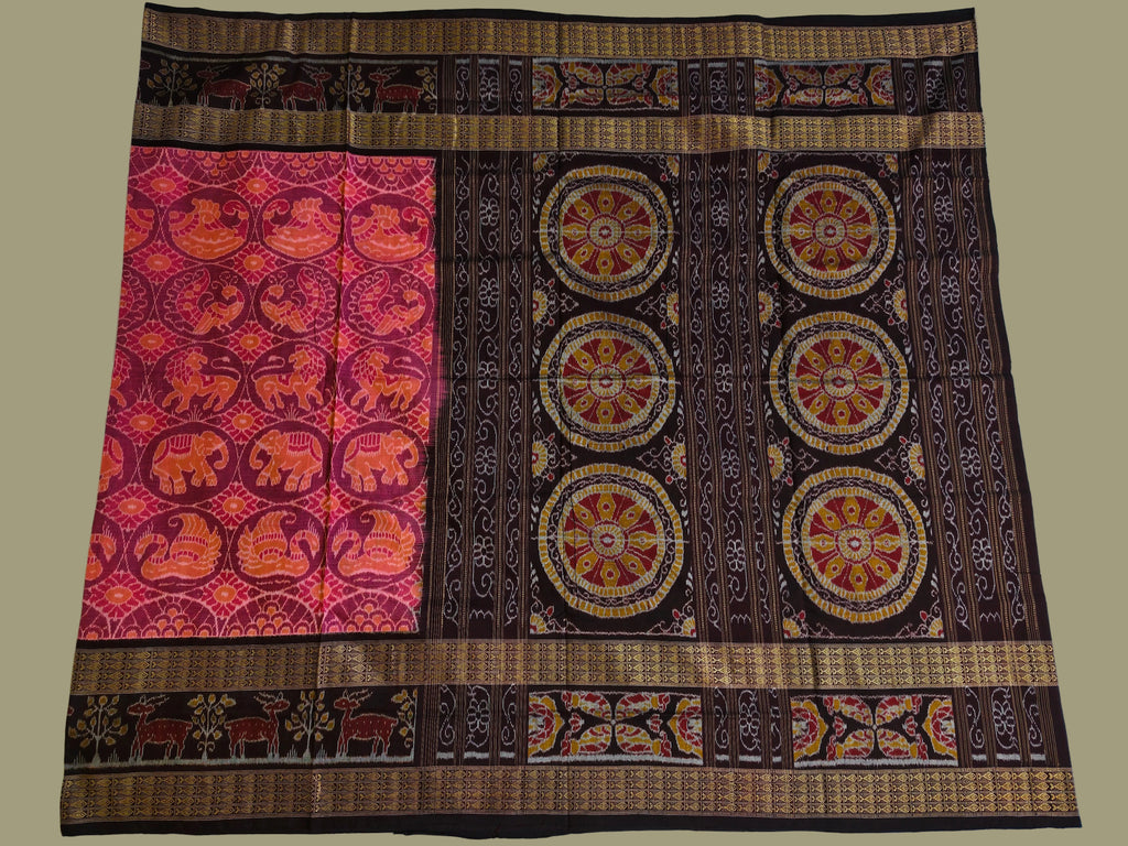 Traditional Sambalpuri Standard Double Border Saree with Animal & Chakra Motifs by Bandha Stories