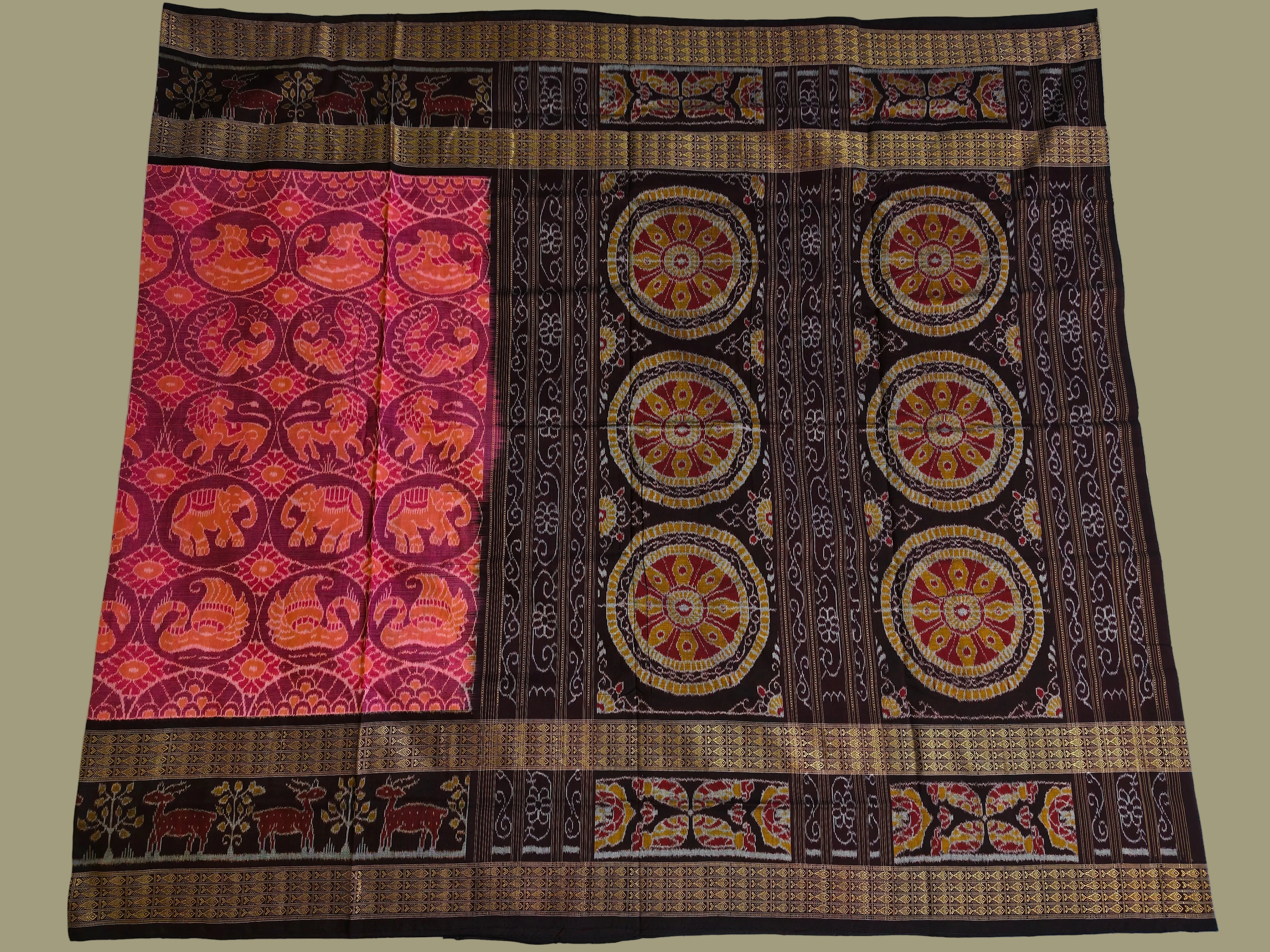 Traditional Sambalpuri Standard Double Border Saree with Animal & Chakra Motifs by Bandha Stories