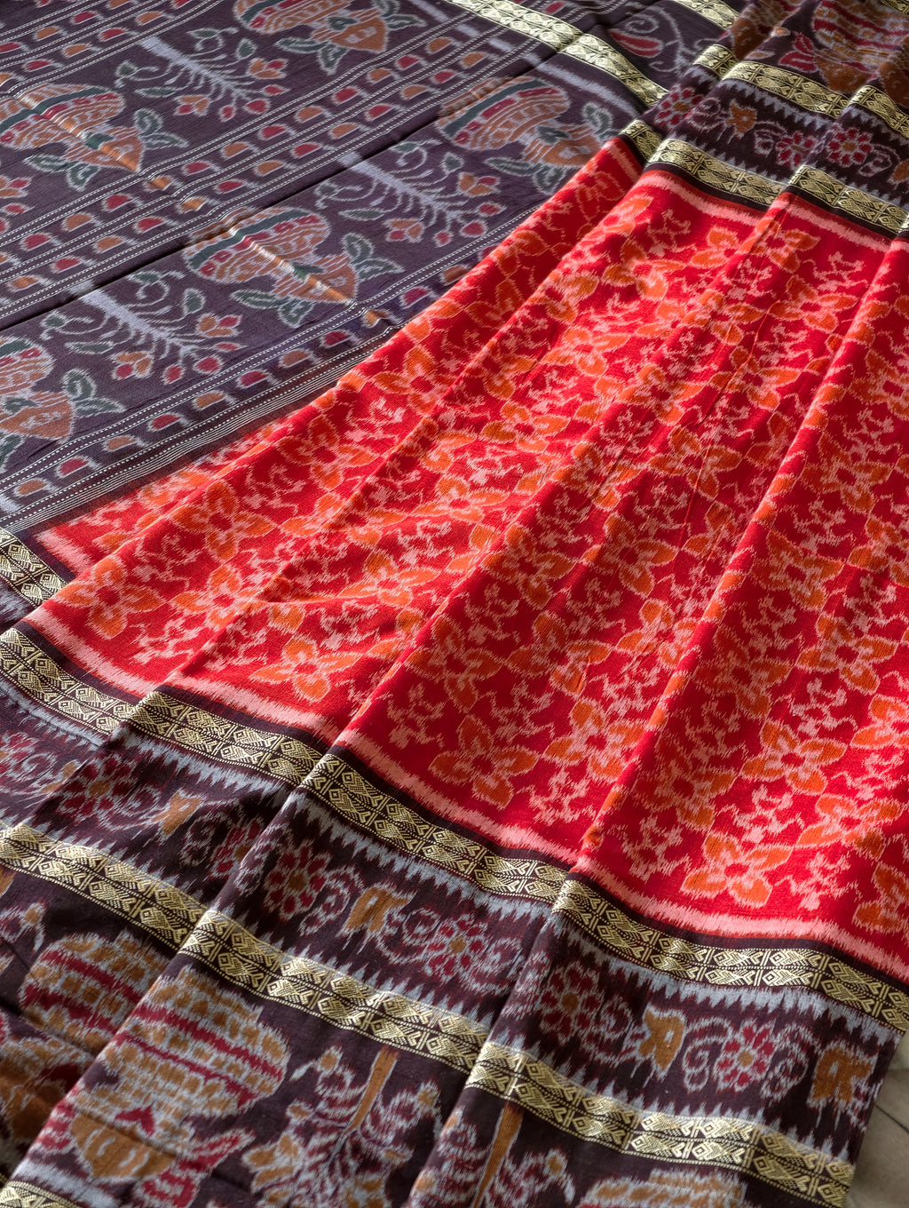 Authentic Double-Border Sambalpuri Ikat Saree: Orange & Black by Bandha Stories