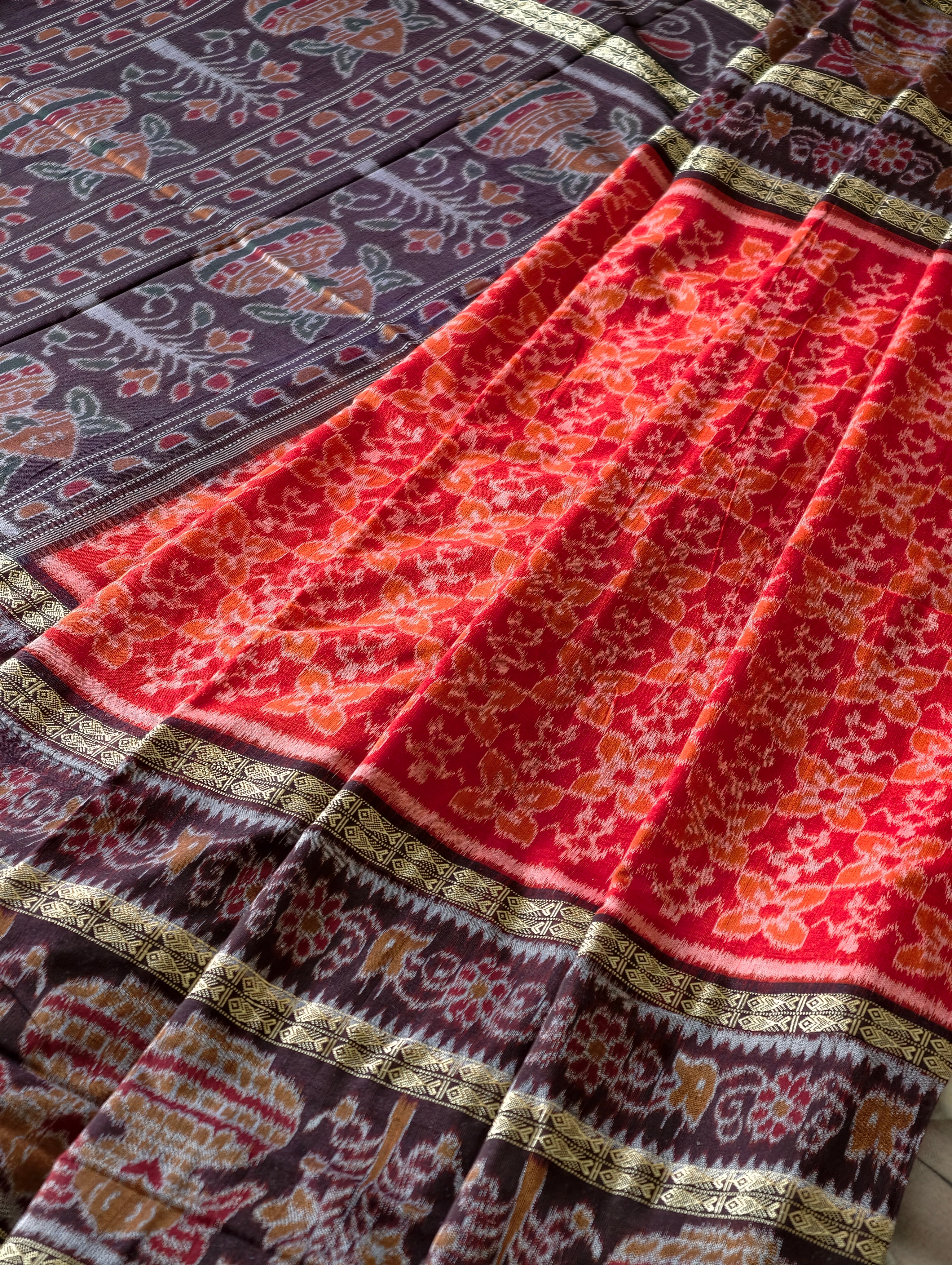 Authentic Double-Border Sambalpuri Ikat Saree: Orange & Black by Bandha Stories