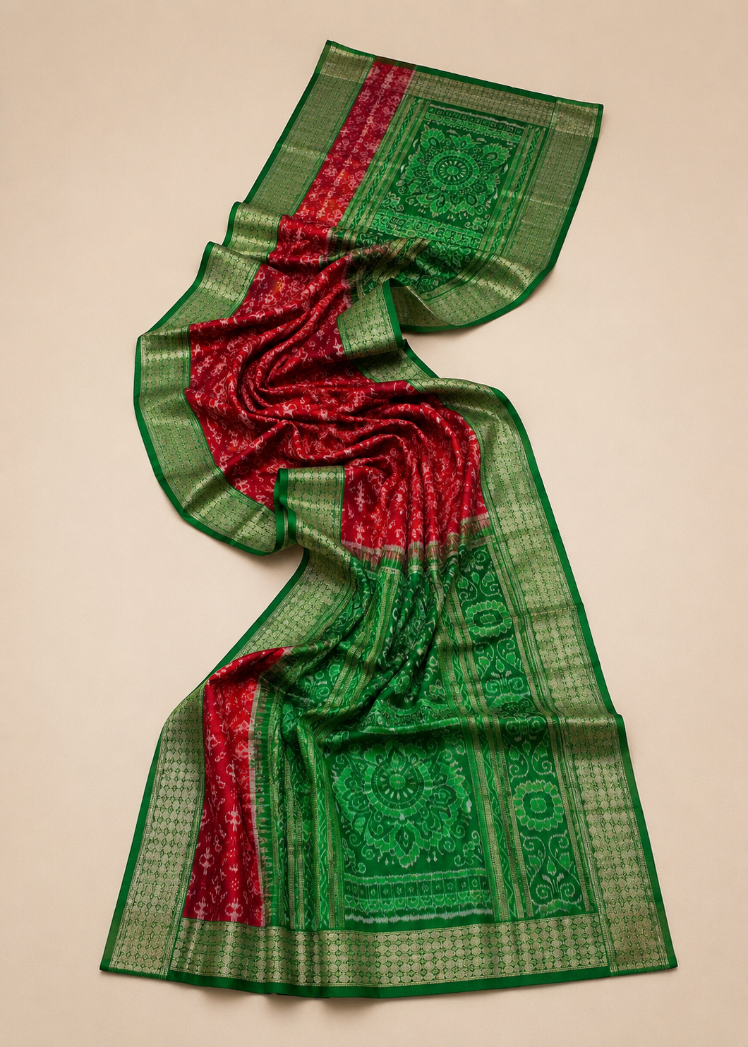 Authentic Red & Green Bandha Patta Silk Saree by Bandha Stories