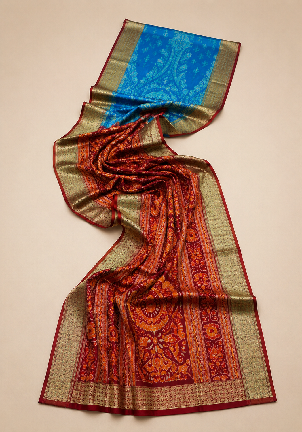 Authentic Blue & Red Sambalpuri Patta Silk Saree by Bandha Stories