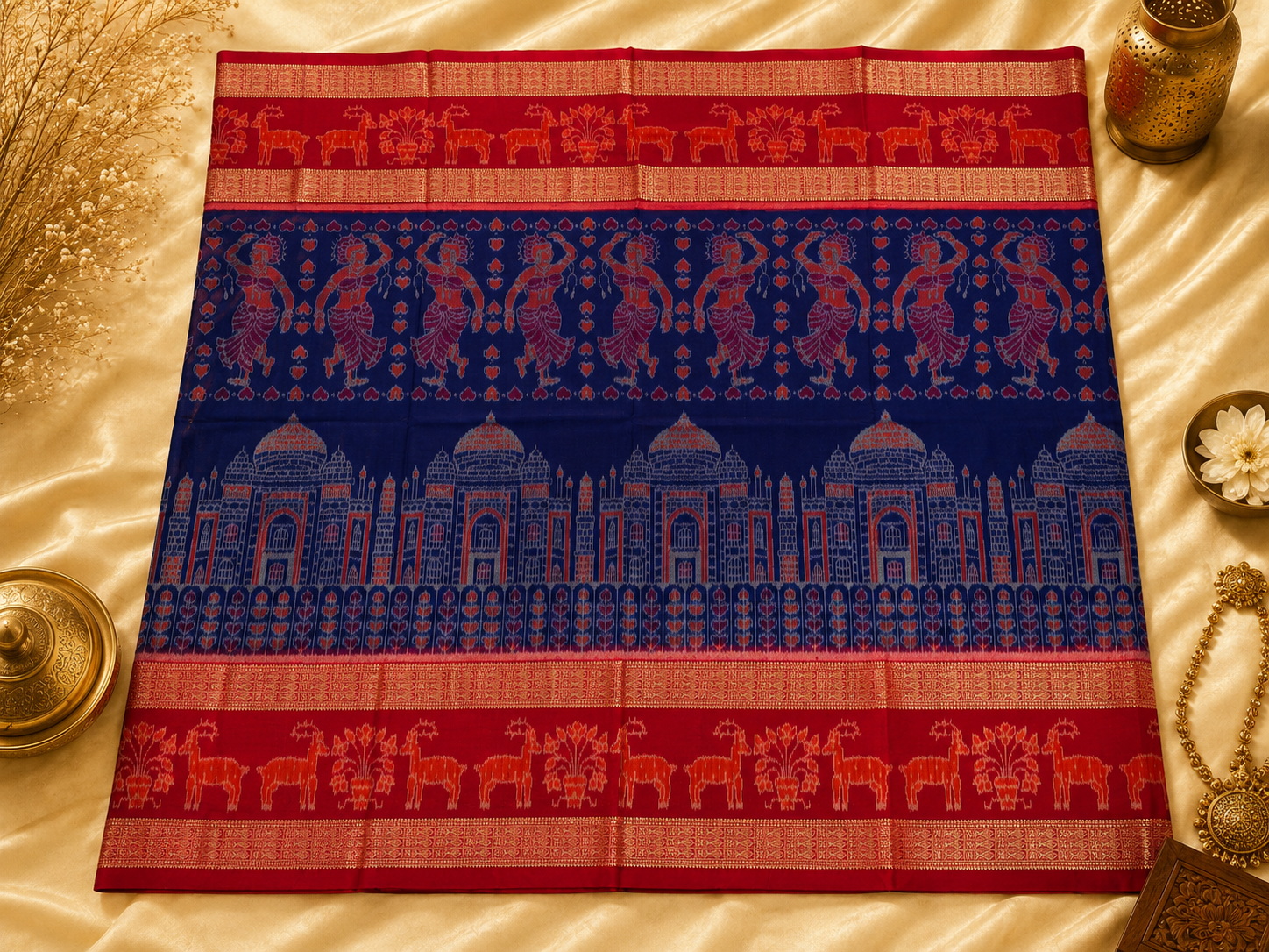 Majestic Sambalpuri Ikat Saree – Navy Blue with Palace & Dancer Motifs by Bandha Stories
