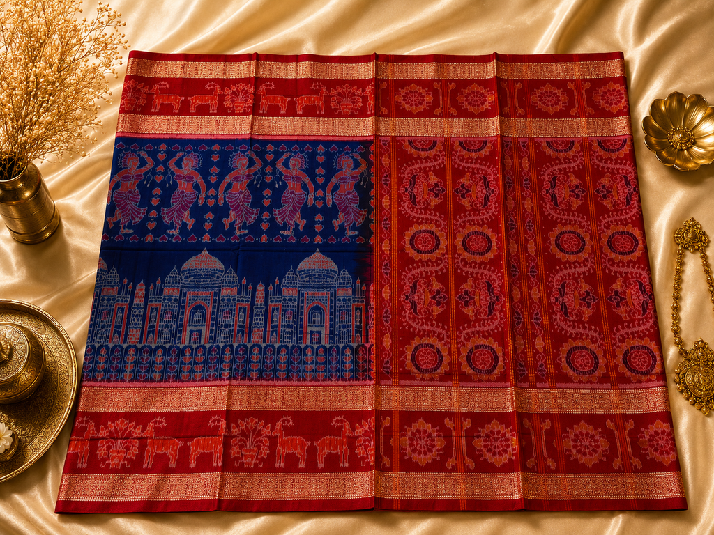 Majestic Sambalpuri Ikat Saree – Navy Blue with Palace & Dancer Motifs by Bandha Stories