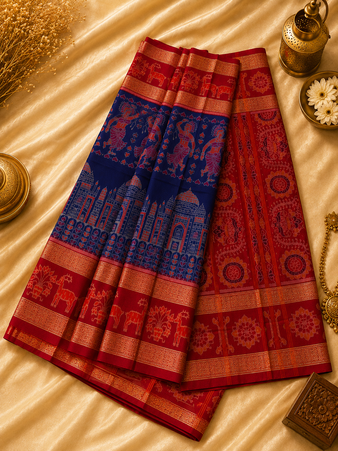 Majestic Sambalpuri Ikat Saree – Navy Blue with Palace & Dancer Motifs by Bandha Stories