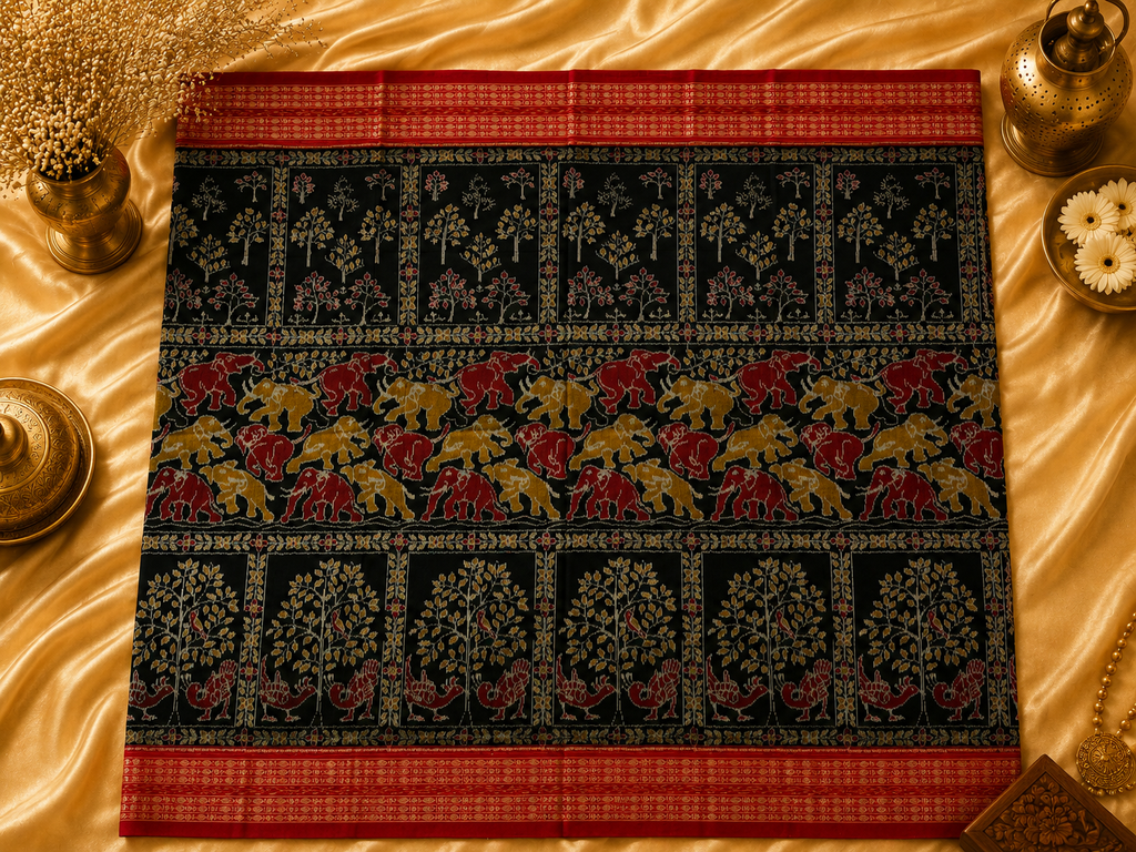 Heritage Black & Red Sambalpuri Bandha Saree with Gaja Motifs