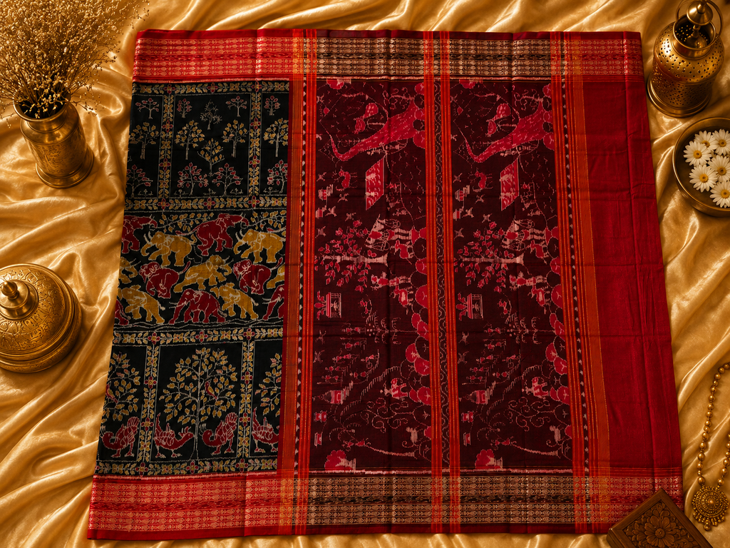 Heritage Black & Red Sambalpuri Bandha Saree with Gaja Motifs
