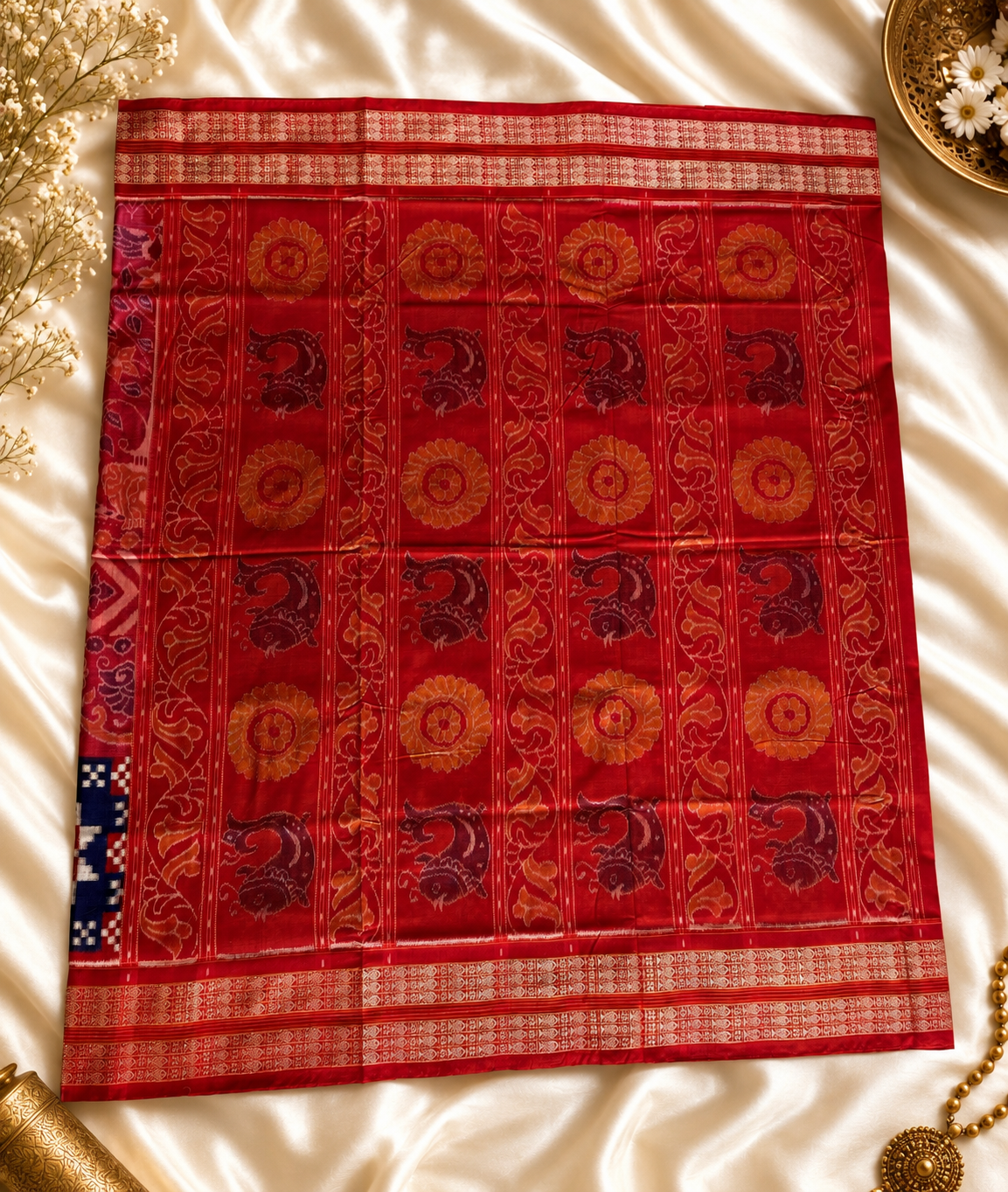 Elegant Sambalpuri Ikat Saree – Pink & Red with Blue Sakta Border by Bandha Stories