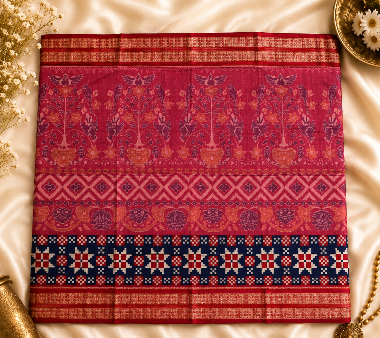 Elegant Sambalpuri Ikat Saree – Pink & Red with Blue Sakta Border by Bandha Stories