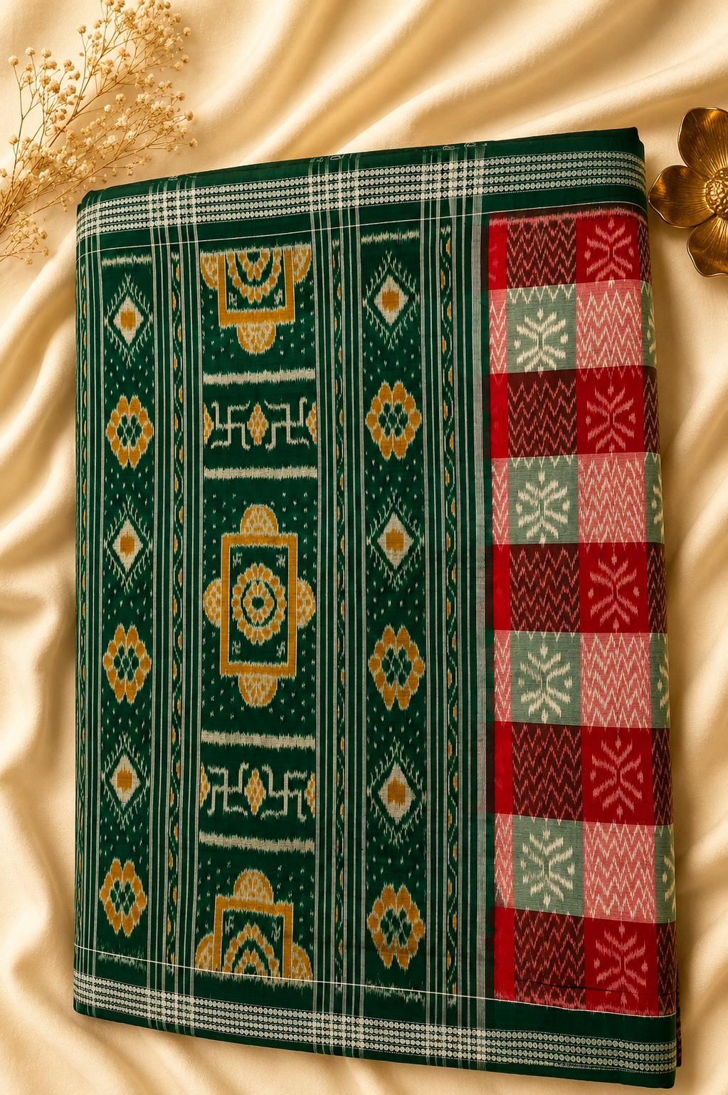 Authentic Checkered Sambalpuri Bandha Saree with Emerald Green Pallu by Bandha Stories