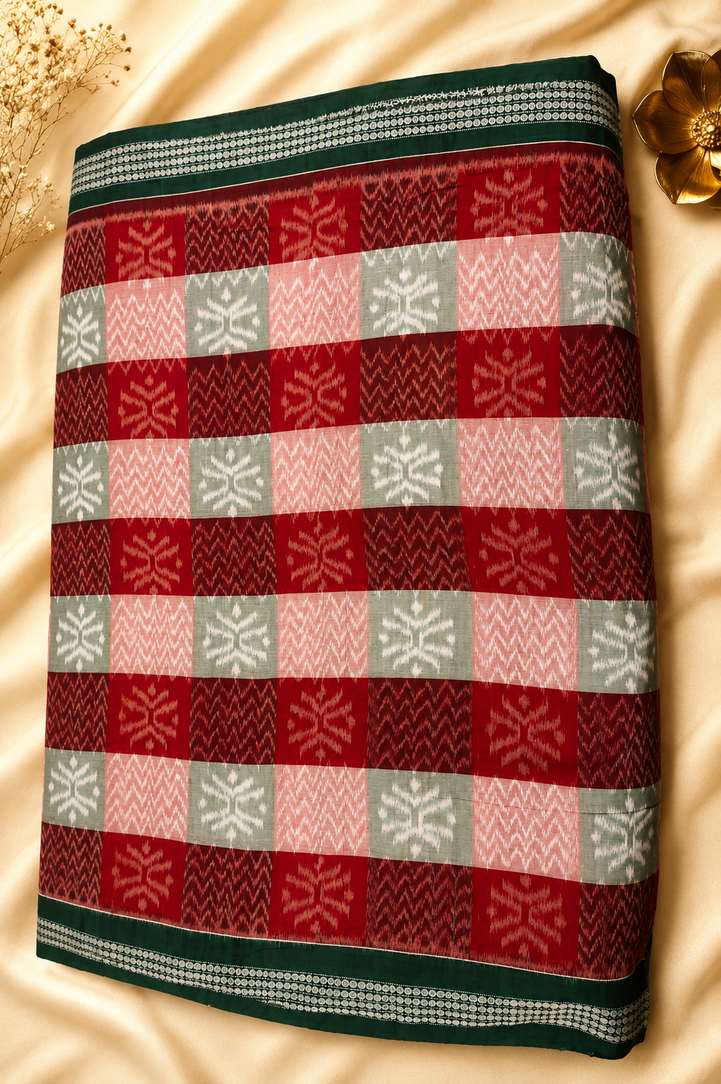 Authentic Checkered Sambalpuri Bandha Saree with Emerald Green Pallu by Bandha Stories