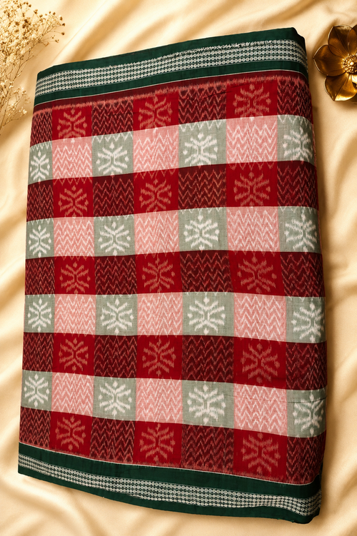 Authentic Checkered Sambalpuri Bandha Saree with Emerald Green Pallu by Bandha Stories