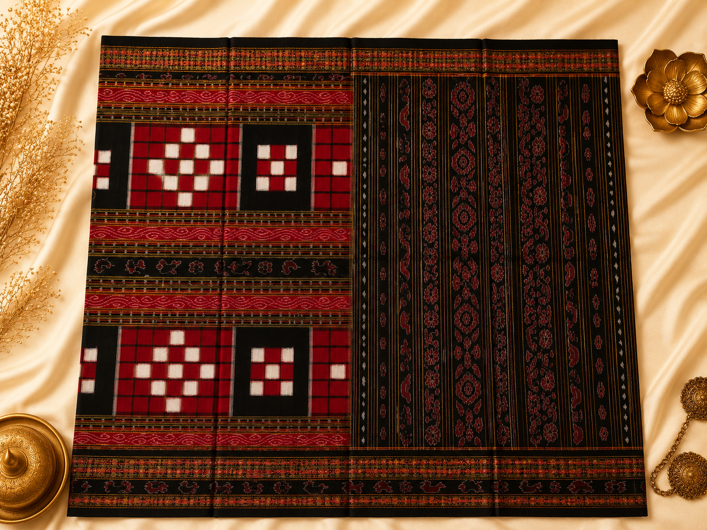 Classic Red & Black Handwoven Pasapalli Saree by Bandha Stories