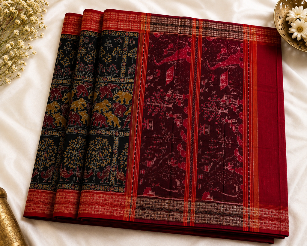 Heritage Black & Red Sambalpuri Bandha Saree with Gaja Motifs
