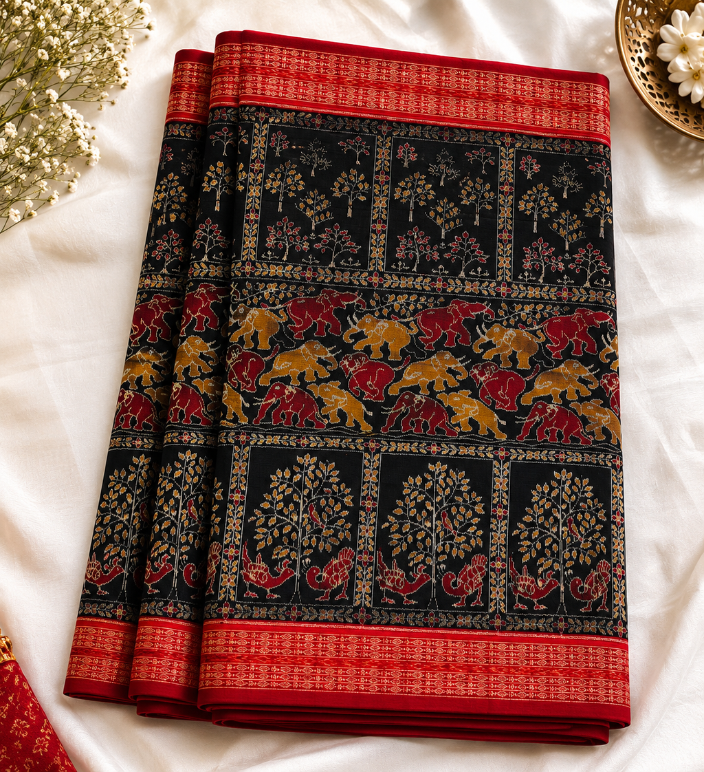 Heritage Black & Red Sambalpuri Bandha Saree with Gaja Motifs