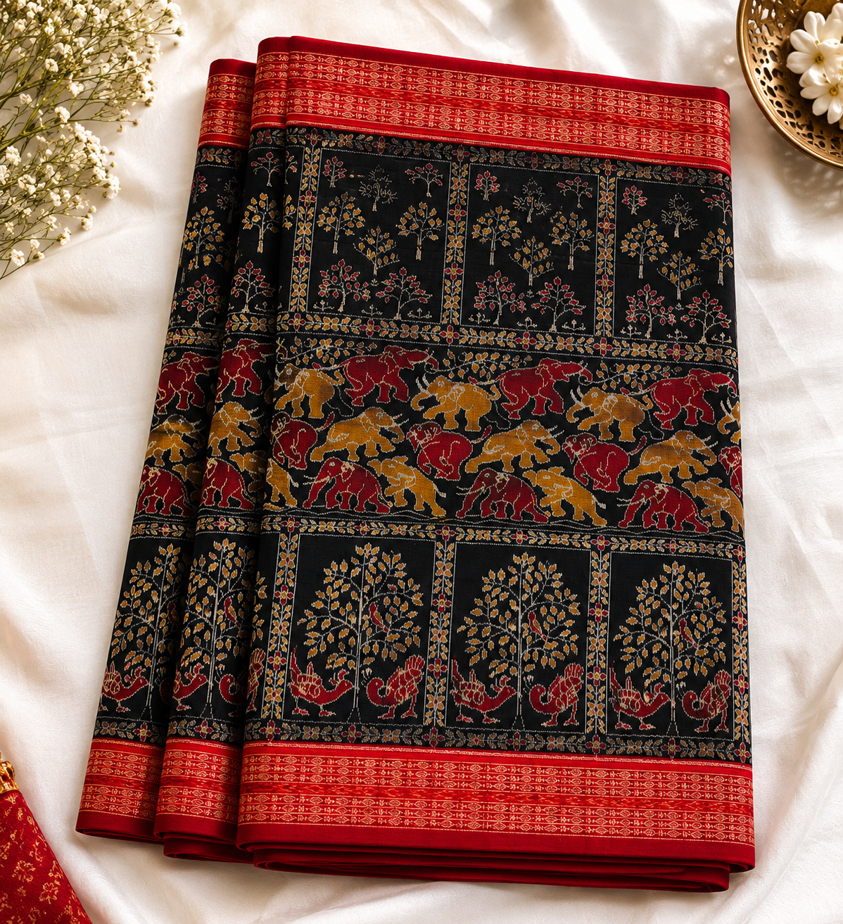 Heritage Black & Red Sambalpuri Bandha Saree with Gaja Motifs