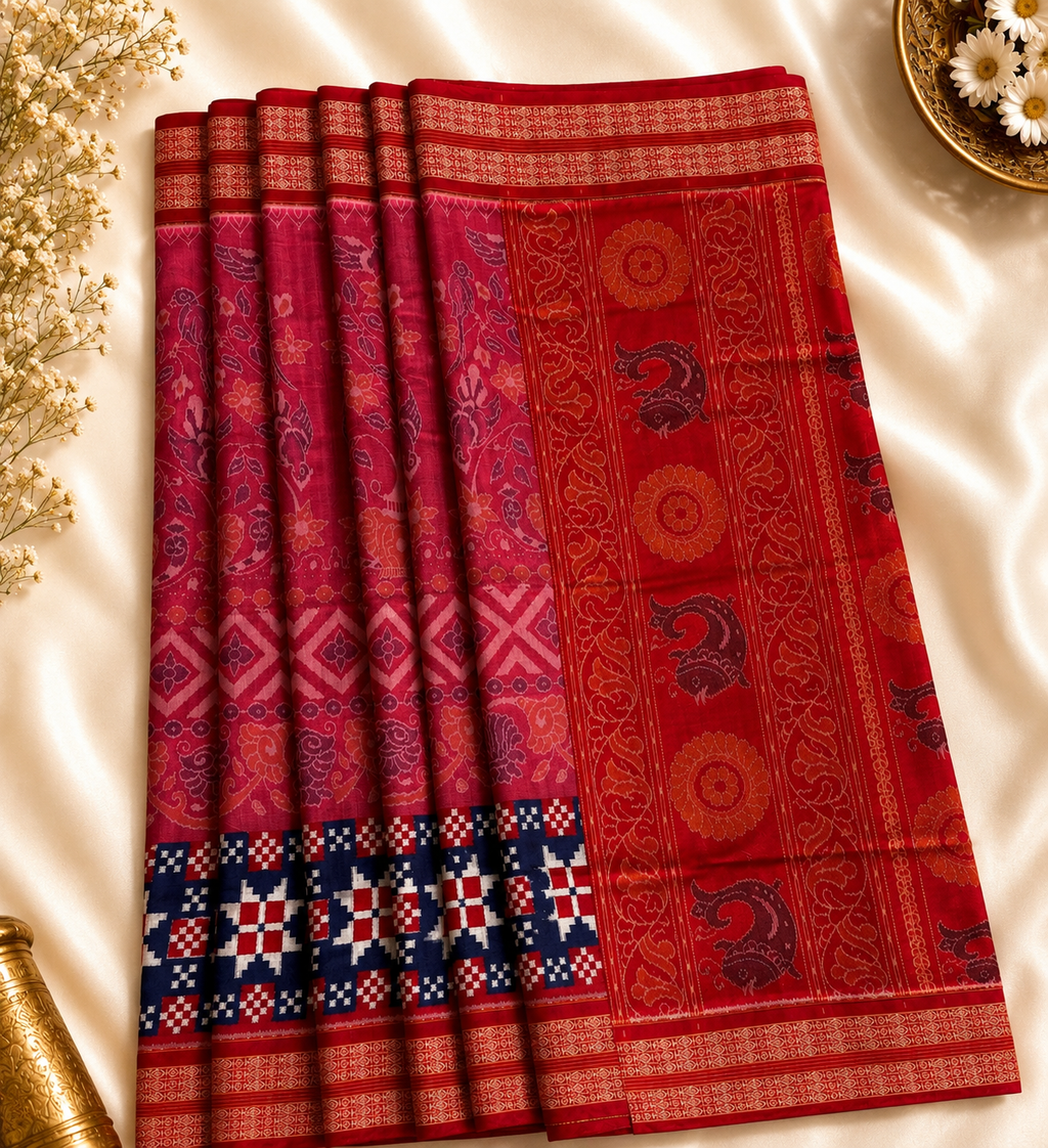 Elegant Sambalpuri Ikat Saree – Pink & Red with Blue Sakta Border by Bandha Stories