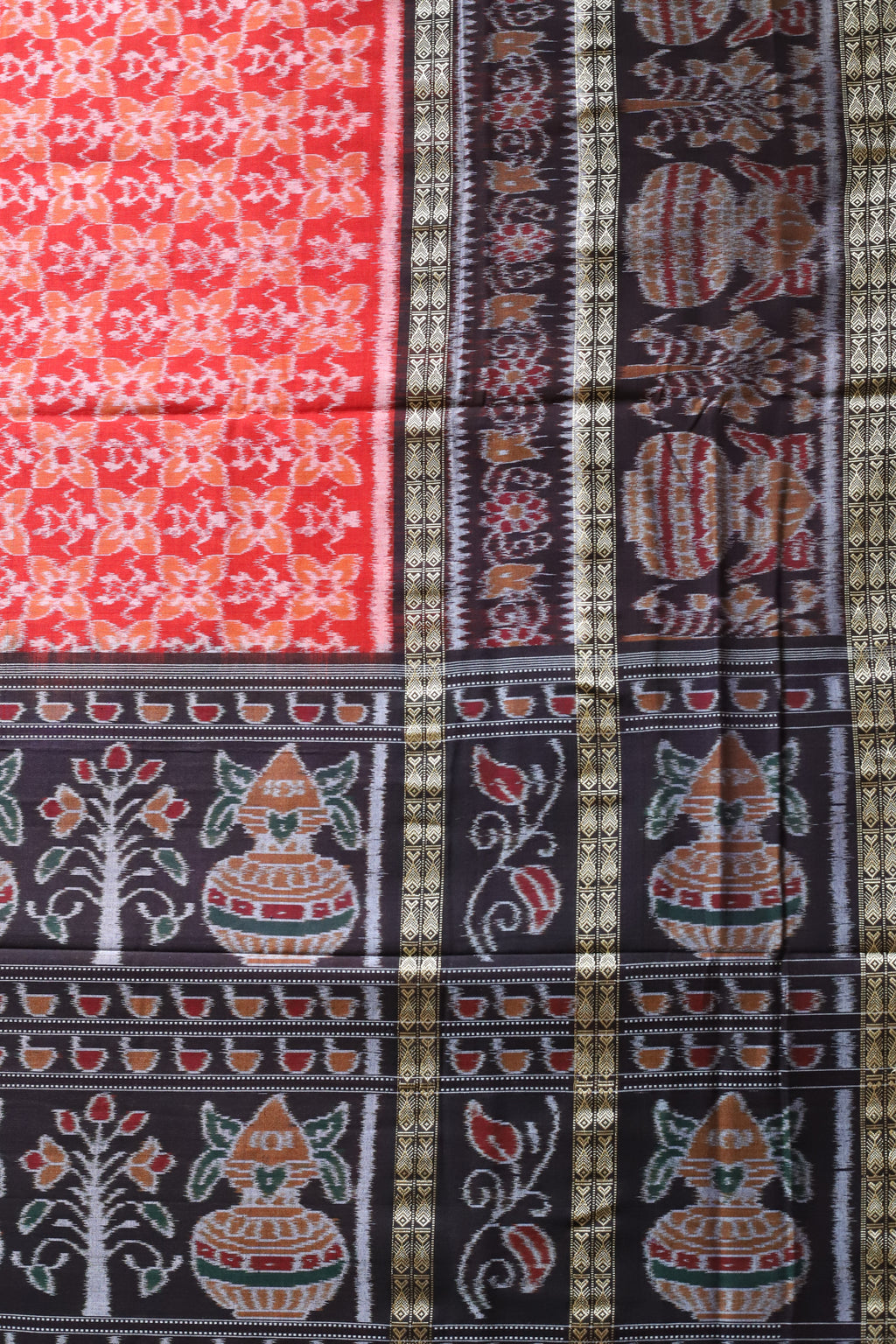 Authentic Double-Border Sambalpuri Ikat Saree: Orange & Black by Bandha Stories