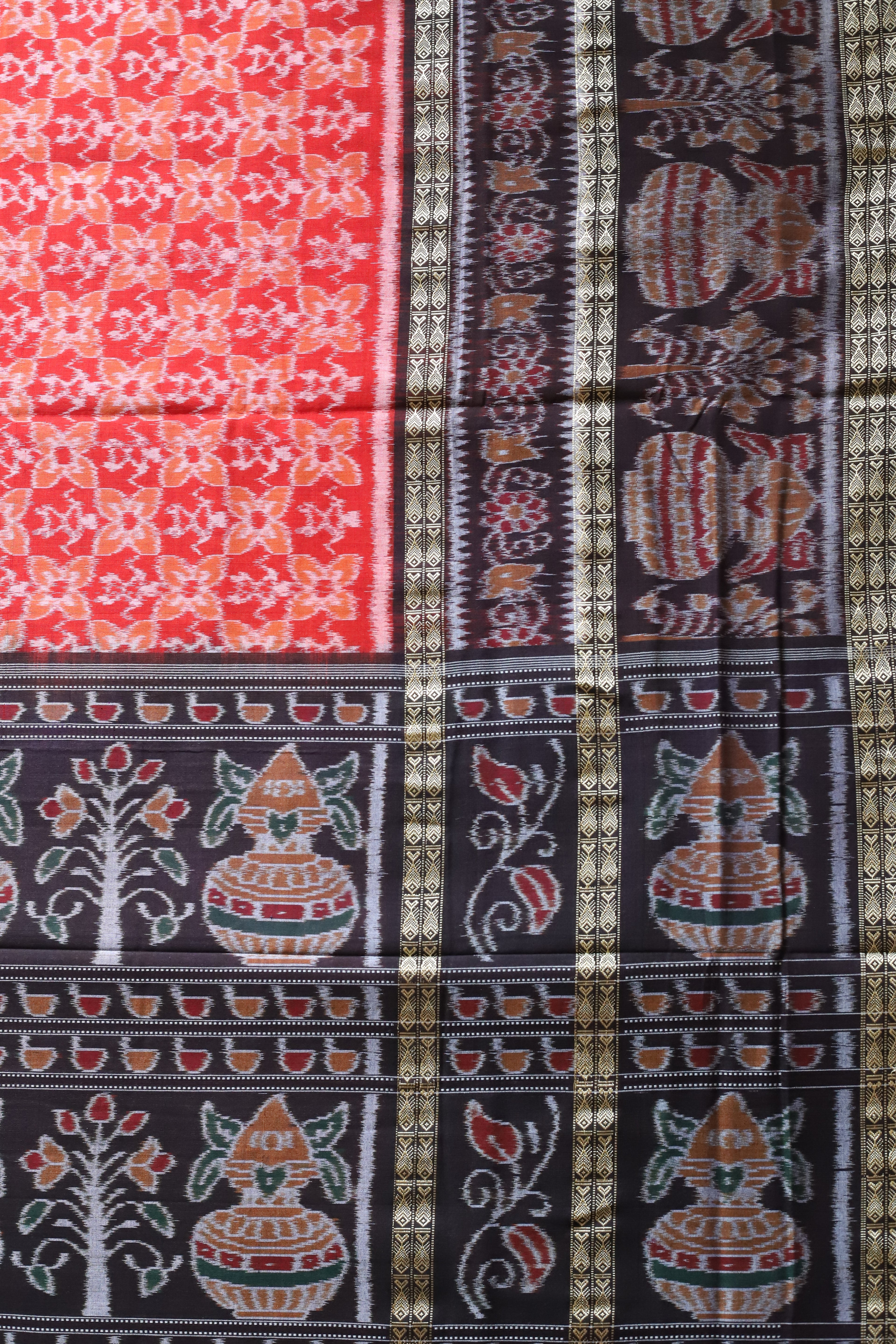 Authentic Double-Border Sambalpuri Ikat Saree: Orange & Black by Bandha Stories