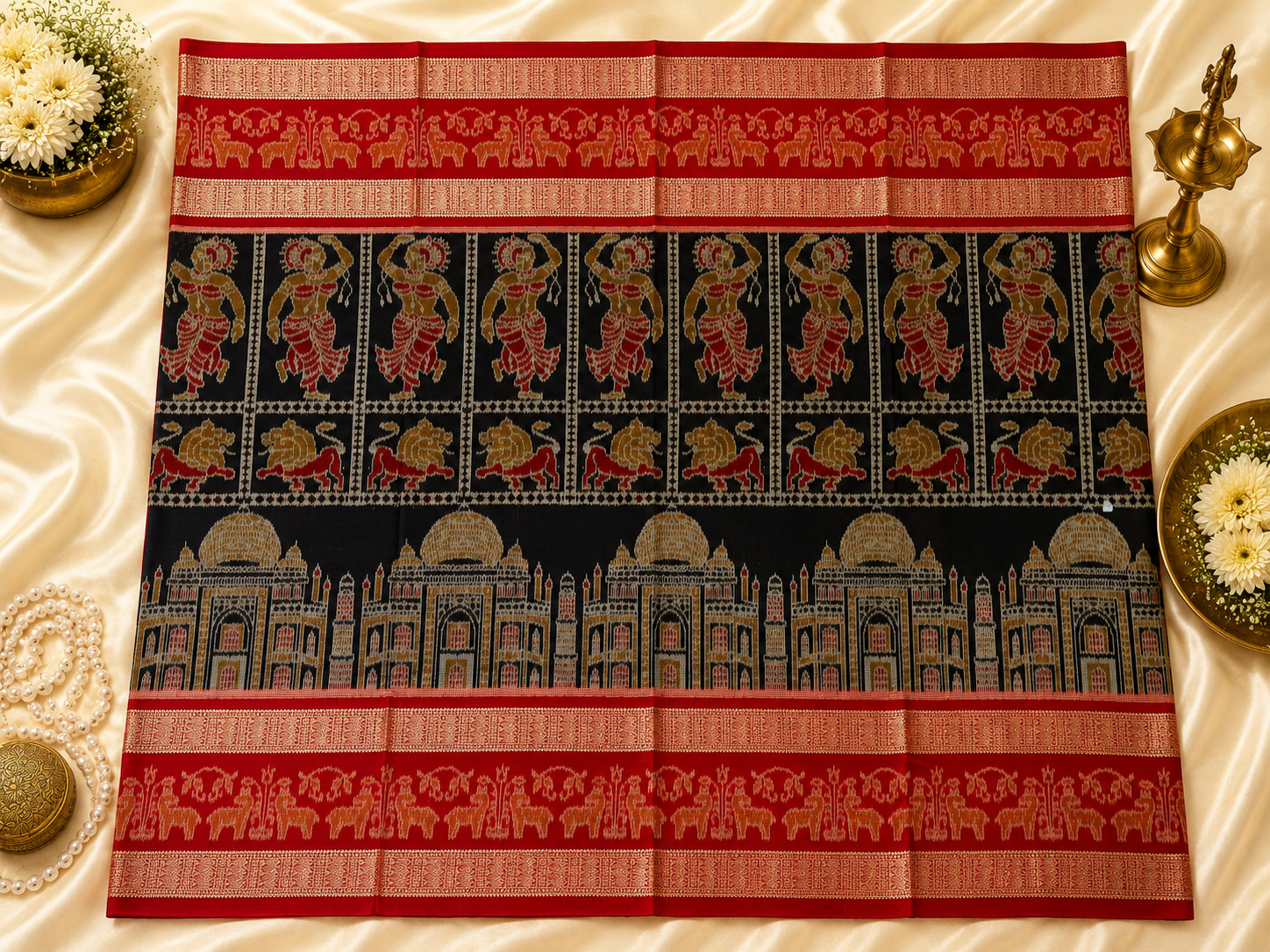 Majestic Sambalpuri Ikat Saree – Navy Blue with Palace & Dancer Motifs by Bandha Stories