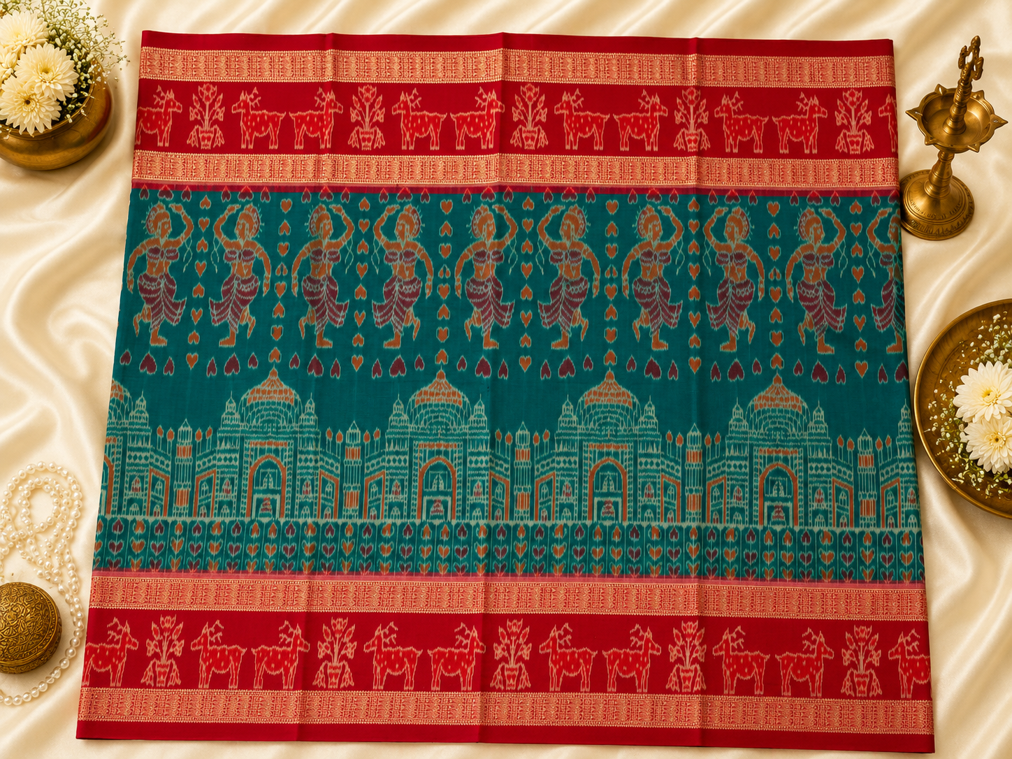 Majestic Sambalpuri Ikat Saree – Navy Blue with Palace & Dancer Motifs by Bandha Stories