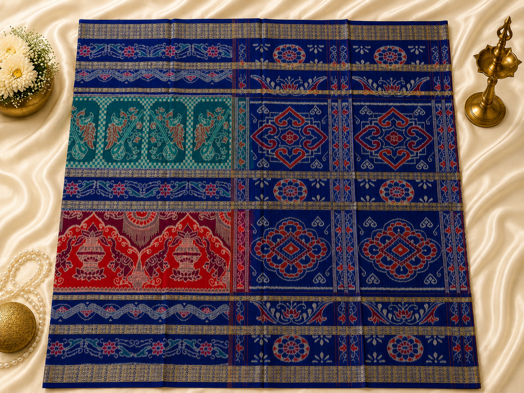 Authentic Multicolor Sambalpuri Cotton Saree with Royal Blue Pallu & Double Border