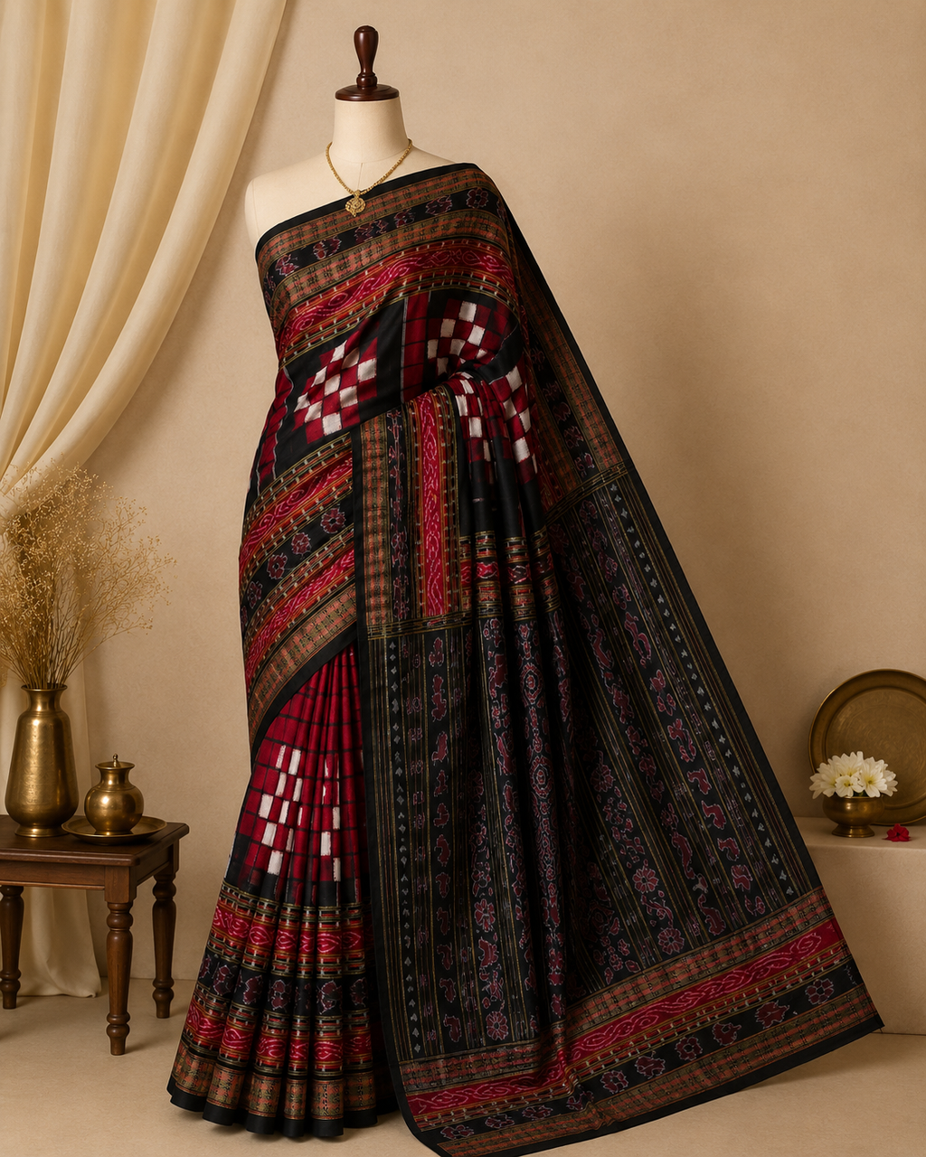 Classic Red & Black Handwoven Pasapalli Saree by Bandha Stories