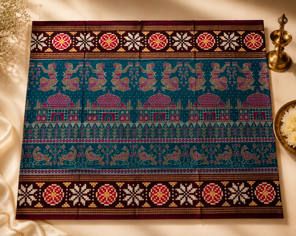 Majestic Sambalpuri Ikat Saree – Teal Blue & Deep Brown with Royal Motifs by Bandha Stories