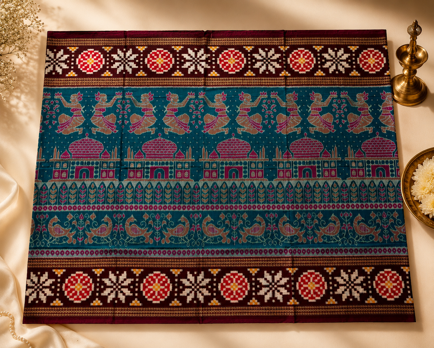 Majestic Sambalpuri Ikat Saree – Teal Blue & Deep Brown with Royal Motifs by Bandha Stories