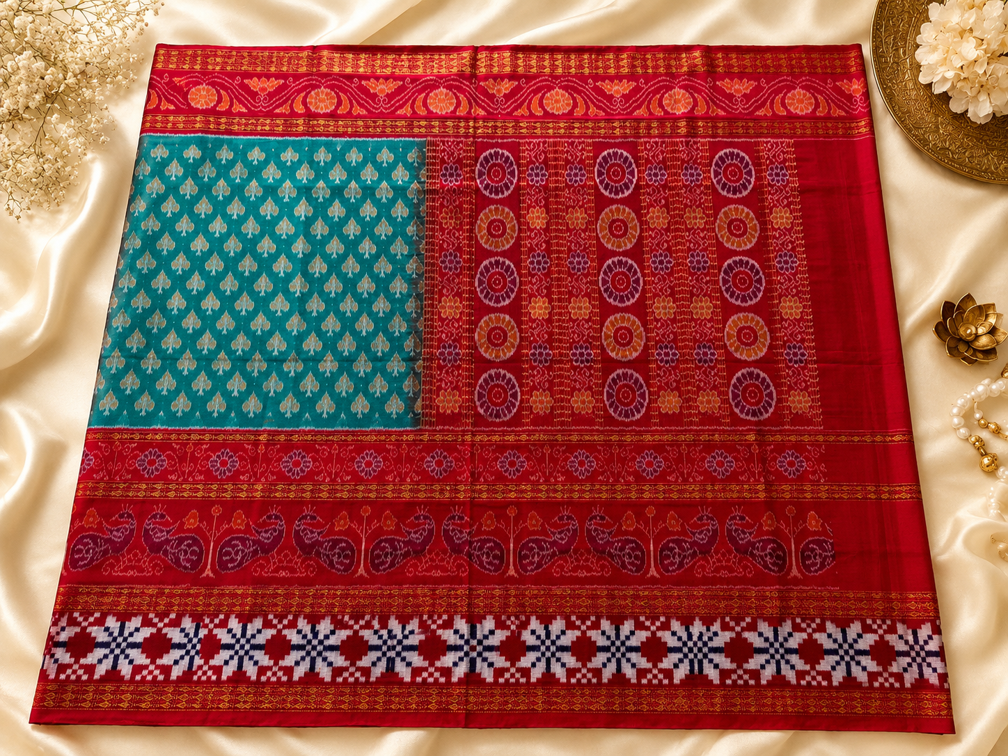 Vibrant Green & Red Double-Border Saree with Star Sakta Motifs by Bandha Stories