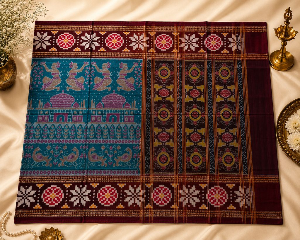 Majestic Sambalpuri Ikat Saree – Teal Blue & Deep Brown with Royal Motifs by Bandha Stories