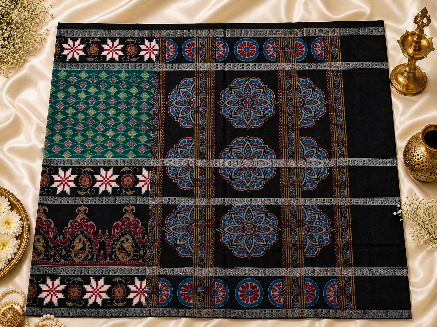 Emerald Green & Black Double-Border Sambalpuri Cotton Saree with Star Sakta Motifs