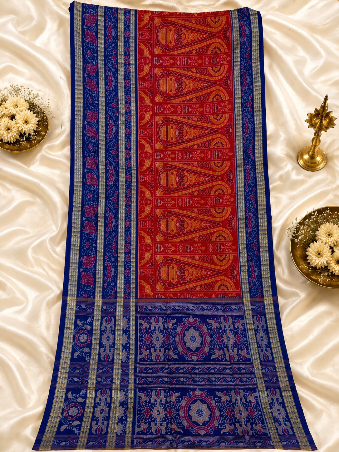 Classic Red & Royal Blue Triple-Border Sambalpuri Cotton Saree