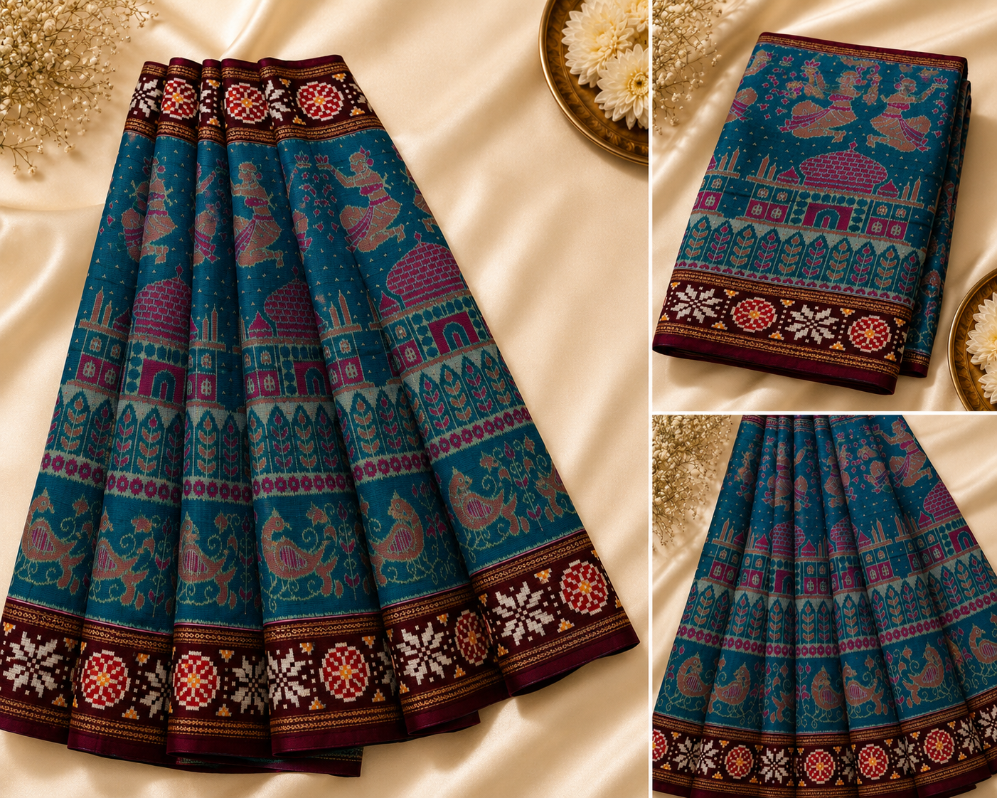 Majestic Sambalpuri Ikat Saree – Teal Blue & Deep Brown with Royal Motifs by Bandha Stories