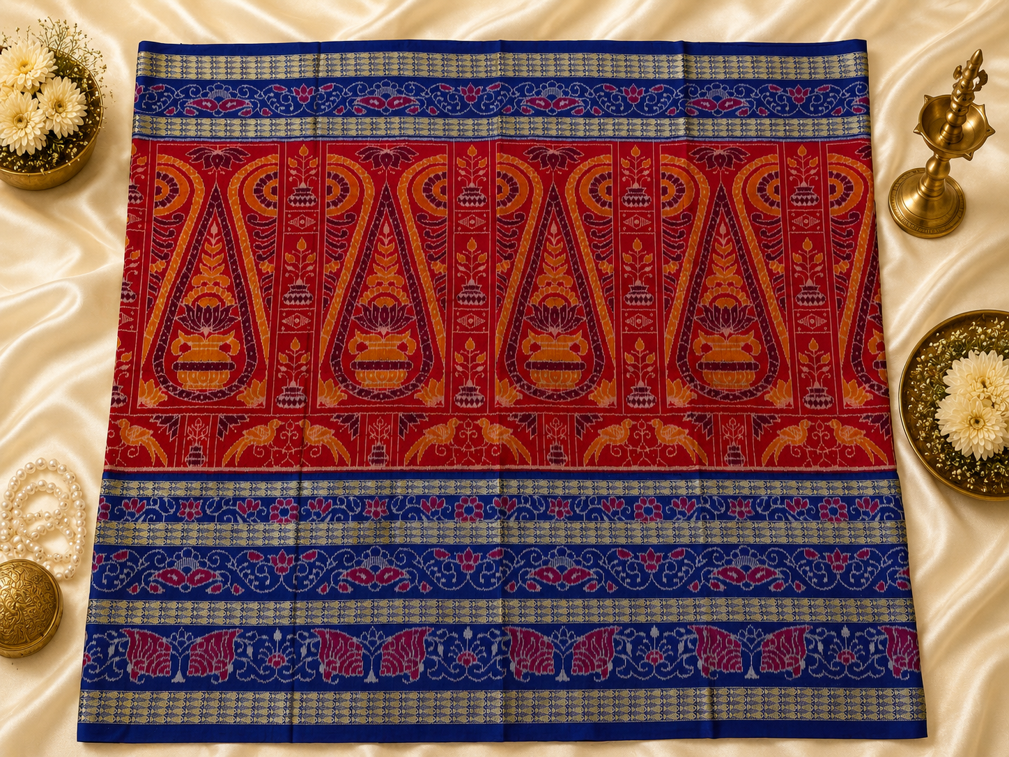 Classic Red & Royal Blue Triple-Border Sambalpuri Cotton Saree
