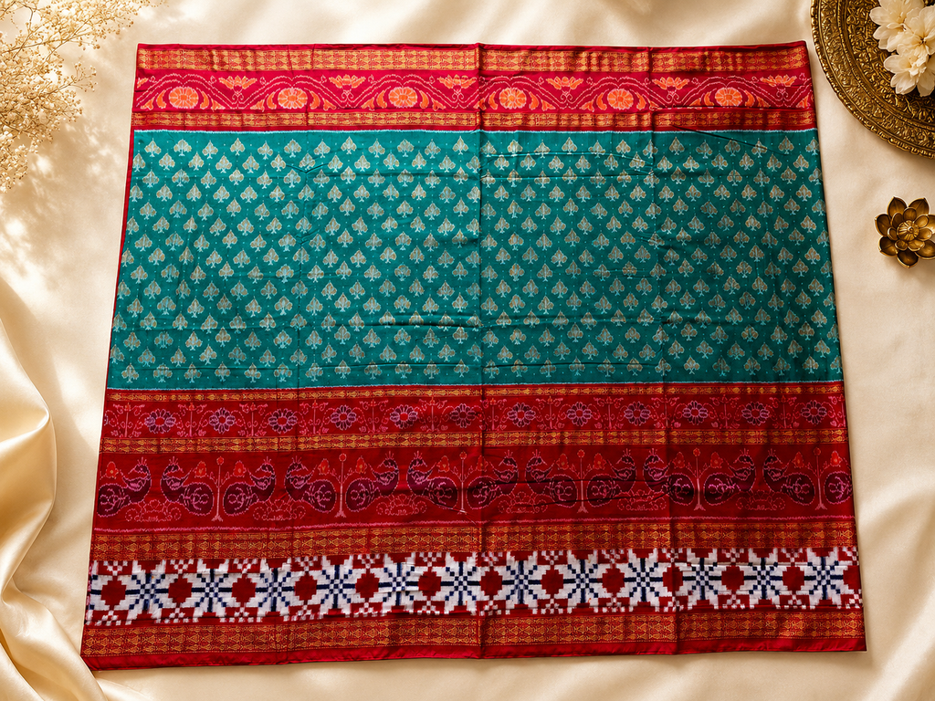 Vibrant Green & Red Double-Border Saree with Star Sakta Motifs by Bandha Stories