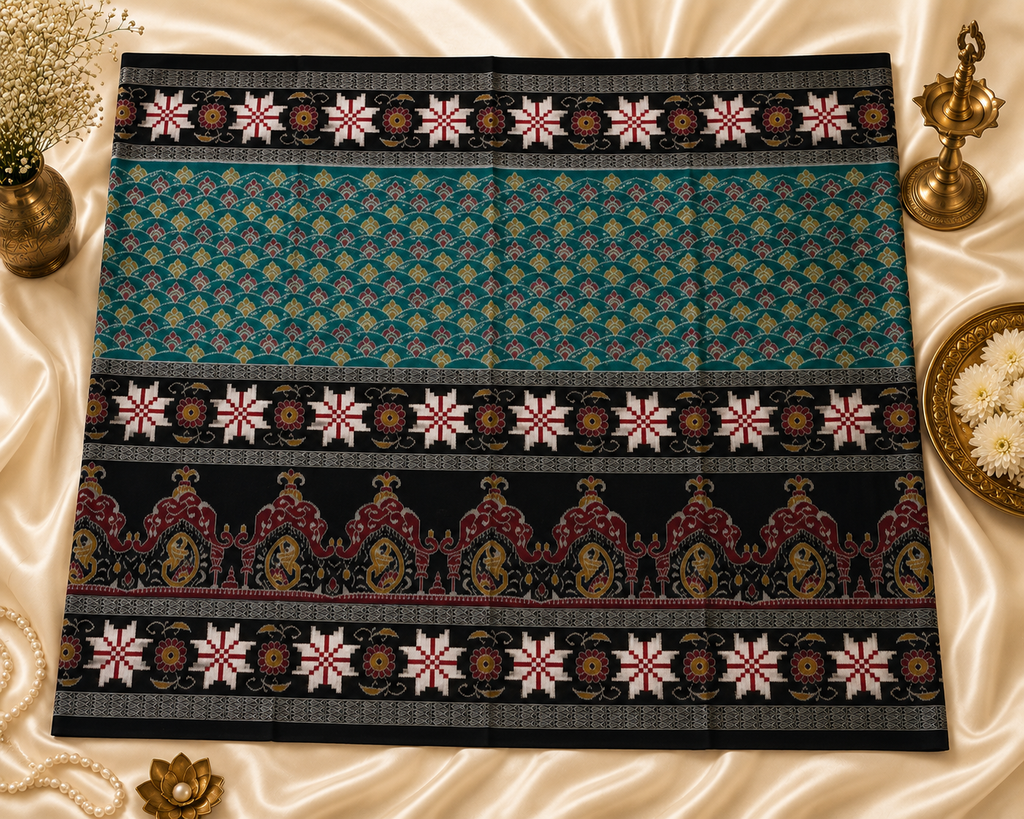 Emerald Green & Black Double-Border Sambalpuri Cotton Saree with Star Sakta Motifs