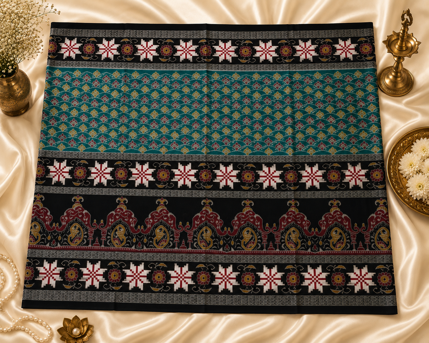 Emerald Green & Black Double-Border Sambalpuri Cotton Saree with Star Sakta Motifs