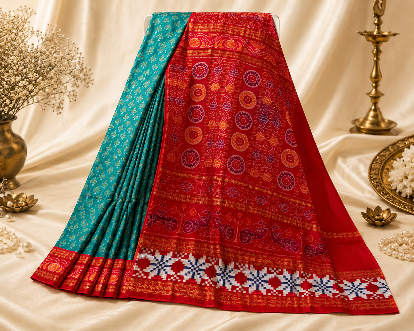 Vibrant Green & Red Double-Border Saree with Star Sakta Motifs by Bandha Stories