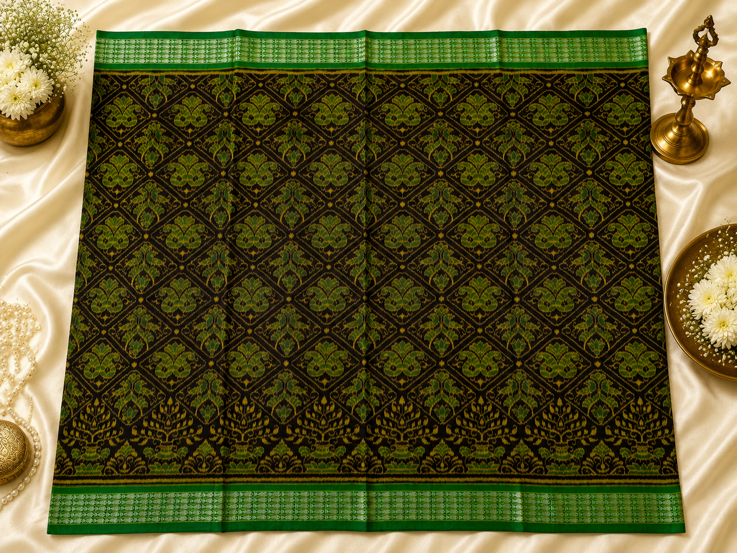 Deep Forest & Vibrant Parrot Green Sambalpuri Cotton Saree