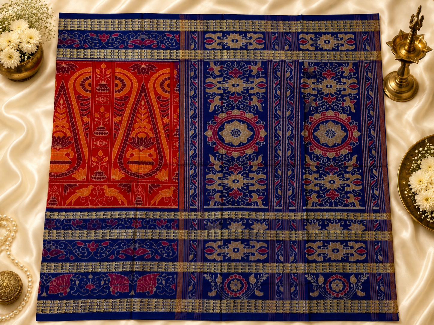 Authentic Multicolor Sambalpuri Cotton Saree with Royal Blue Pallu & Double Border