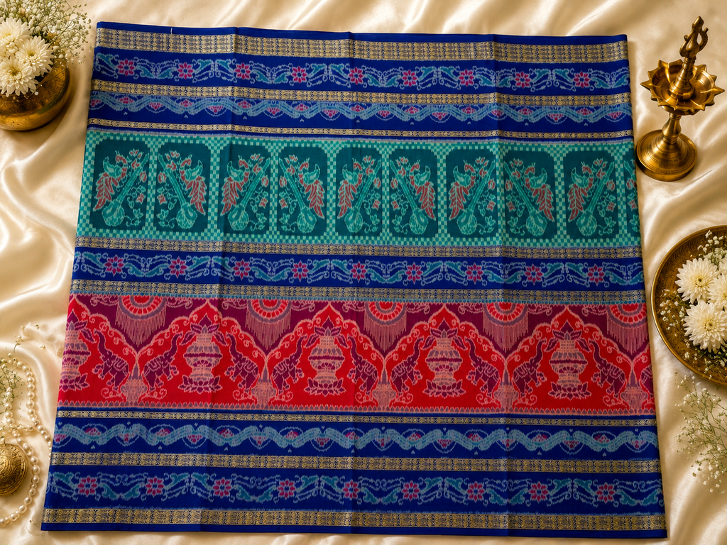 Authentic Multicolor Sambalpuri Cotton Saree with Royal Blue Pallu & Double Border