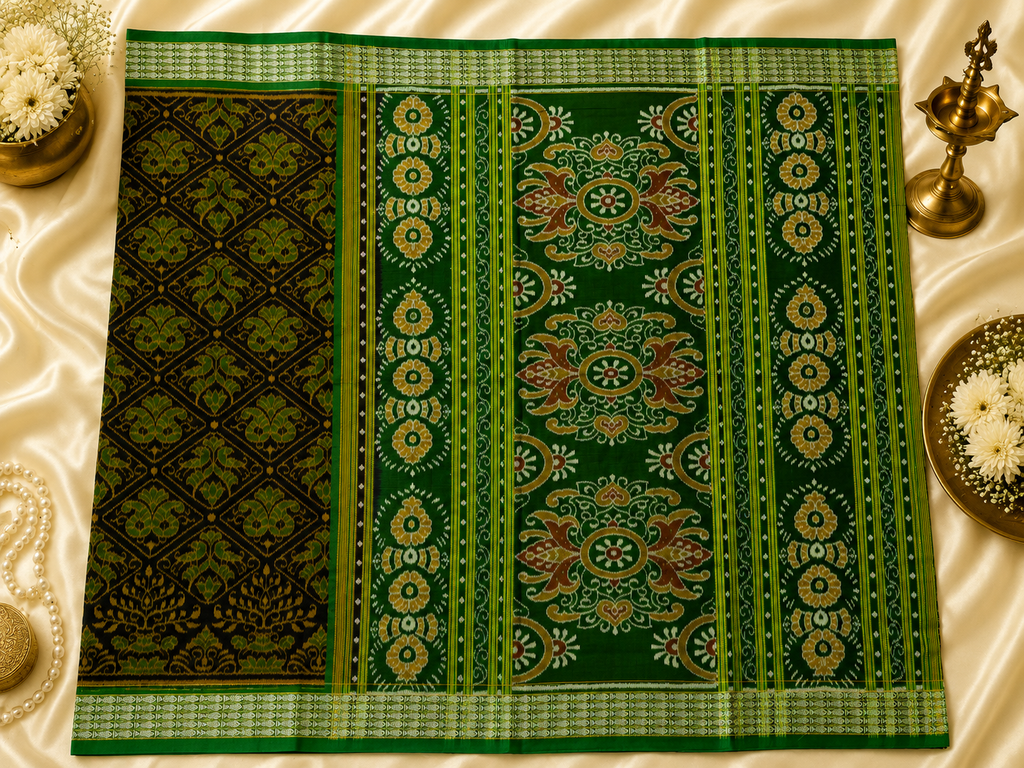 Deep Forest & Vibrant Parrot Green Sambalpuri Cotton Saree