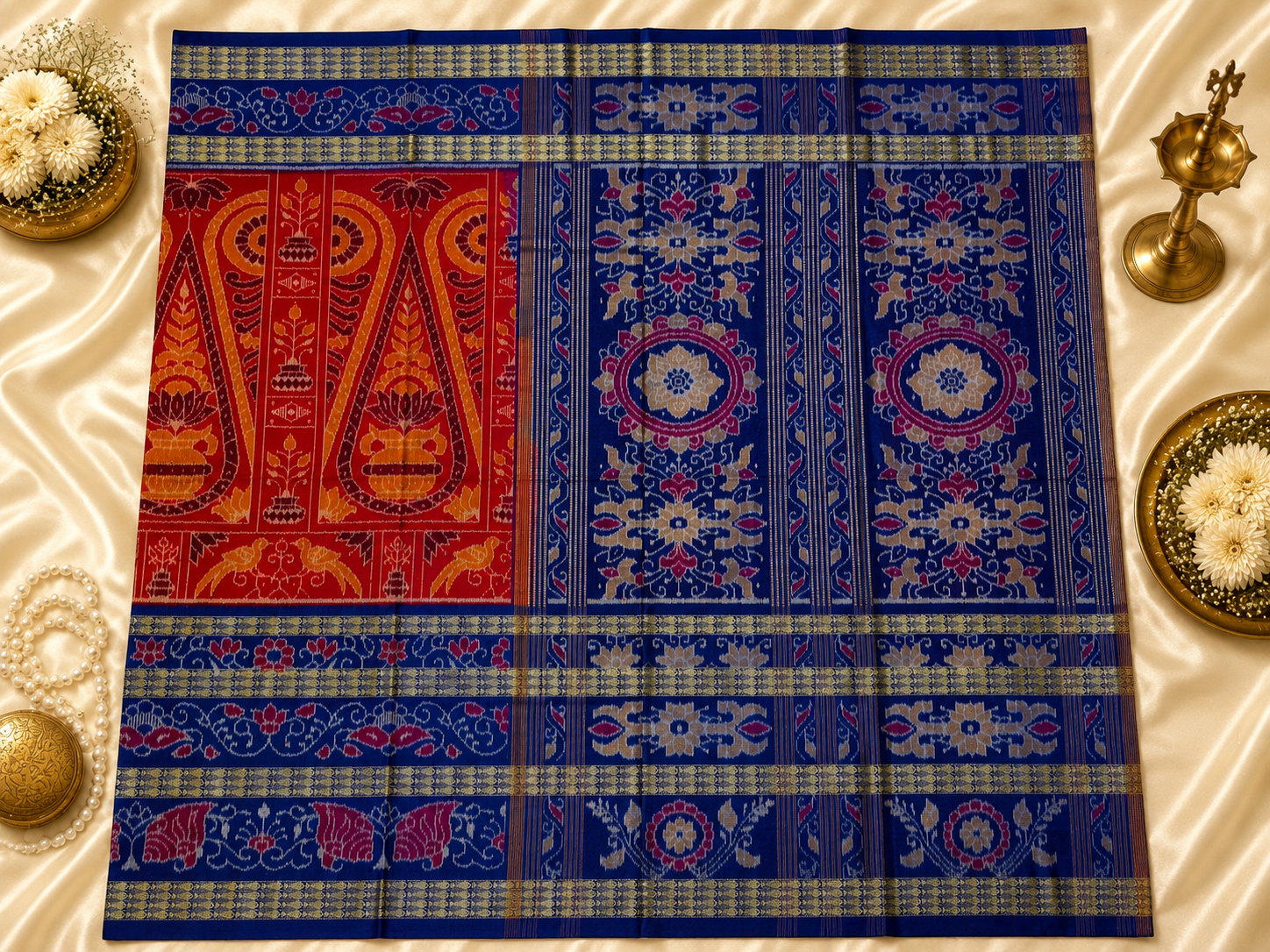 Classic Red & Royal Blue Triple-Border Sambalpuri Cotton Saree